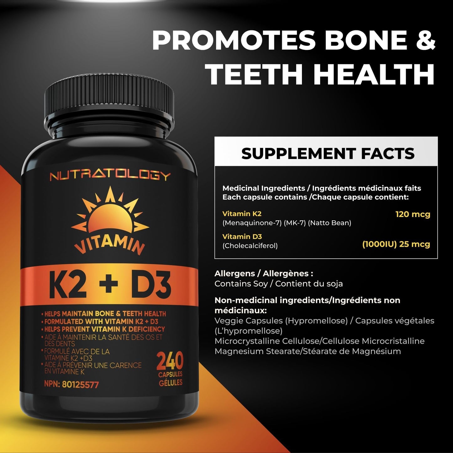 Nutratology® Vitamin K2 + D3 | Canadian-Made | Highest Potency 120MCG/1000 IU - 240 Capsules - Helps Maintain Bone & Teeth Health - Formulated With MK-7 For Best Results - Immune System Support.