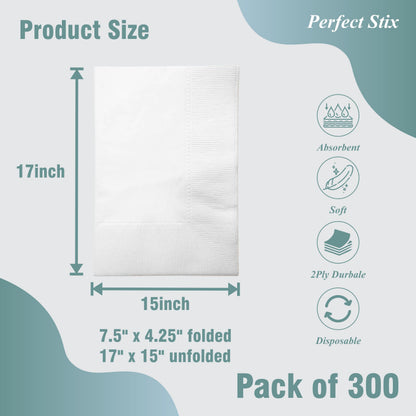 Perfect Stix White Dinner Napkin-300 2-Ply White Dinner Napkins, 0.1" Height, 17" width, 15" Length (Pack of 300) Perfect Stix
