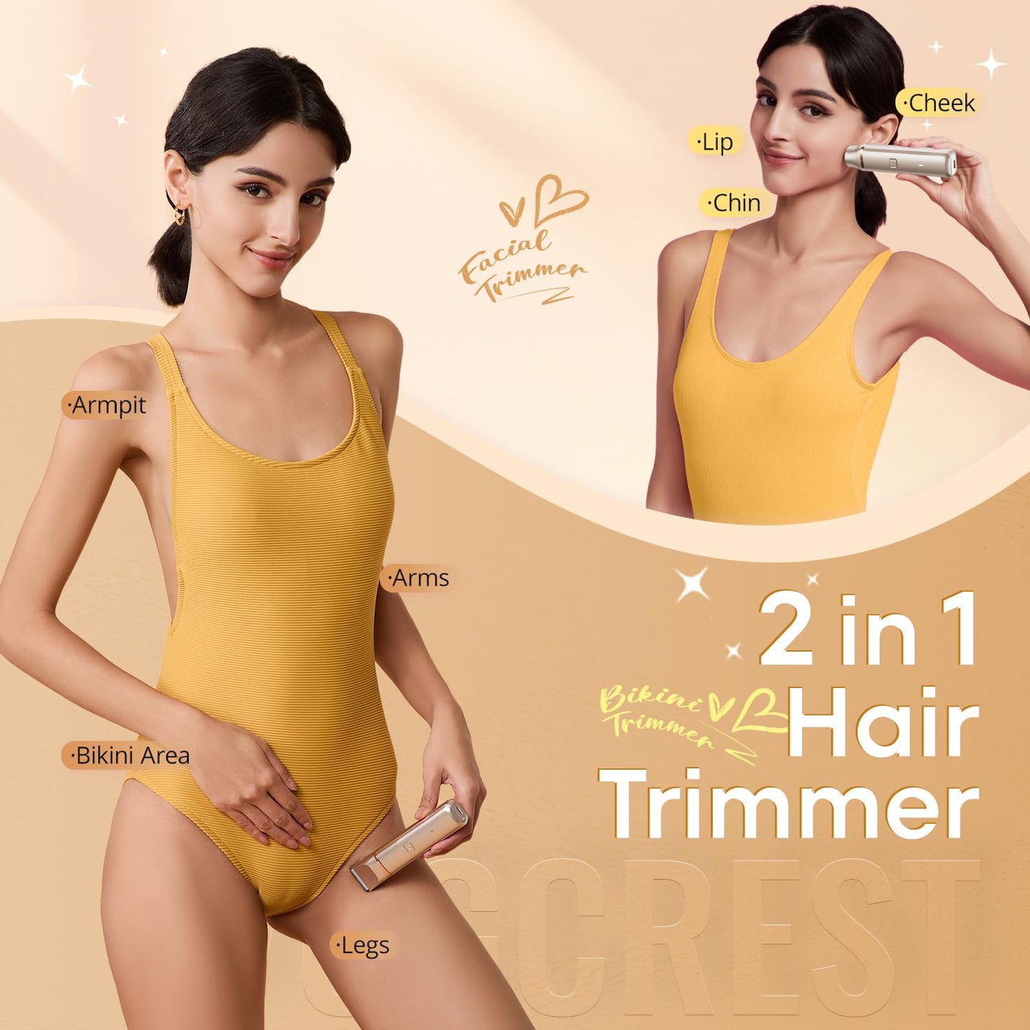 VG VOGCREST Bikini Trimmer for Women: 2-in-1 Rechargeable Painless Body Shaver - Portable Travel-Friendly Pubic Grooming Kit for Underarm Leg Arm (Champagne Gold)
