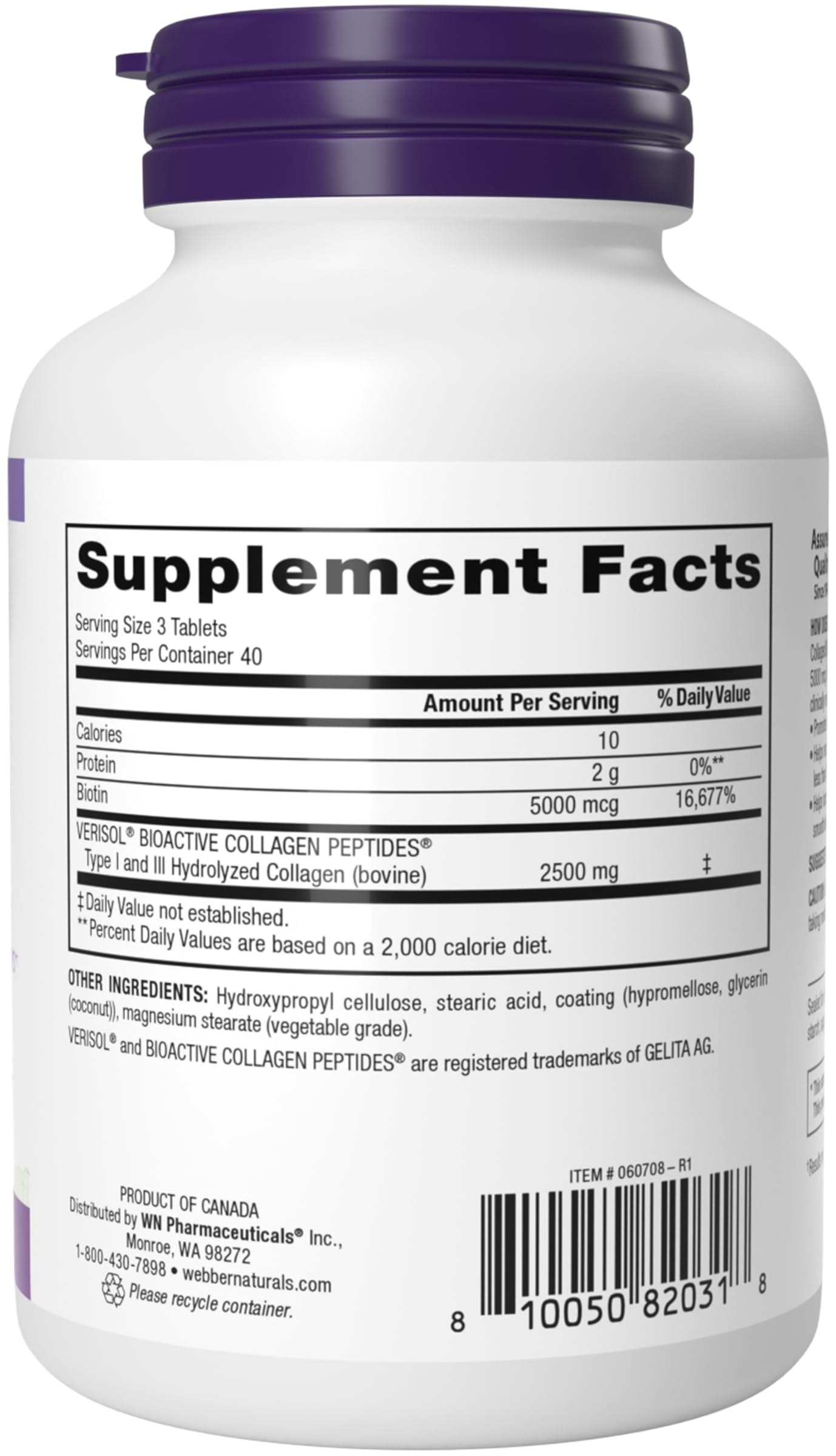 Webber Naturals Collagen30 with Biotin, 2,500 mg of Bioactive Collagen Peptides with 5,000 mcg of Biotin Per Serving, 120 Tablets, For Advanced Nourishment of Skin, Hair and Nails - Available at All In One Marketplace Canada