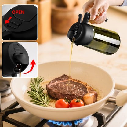 SWEET VIEW 2PCS Olive Oil Dispenser and Oil Sprayer – 16oz/470ml Glass Light-Proof Oil Pourer for Kitchen with Stickers for Air Fryer, Cooking, Salad, and BBQ