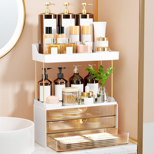 StorBin 3 Large Drawers Makeup Organizer - 5 Tier Bathroom Counter Organizers and Storage, Versatile Perfume Vanity Organizer, Ideal for Cosmetic, Large Skincare, Face Mask, Office Supplies, Amber - Available at All In One Marketplace Canada