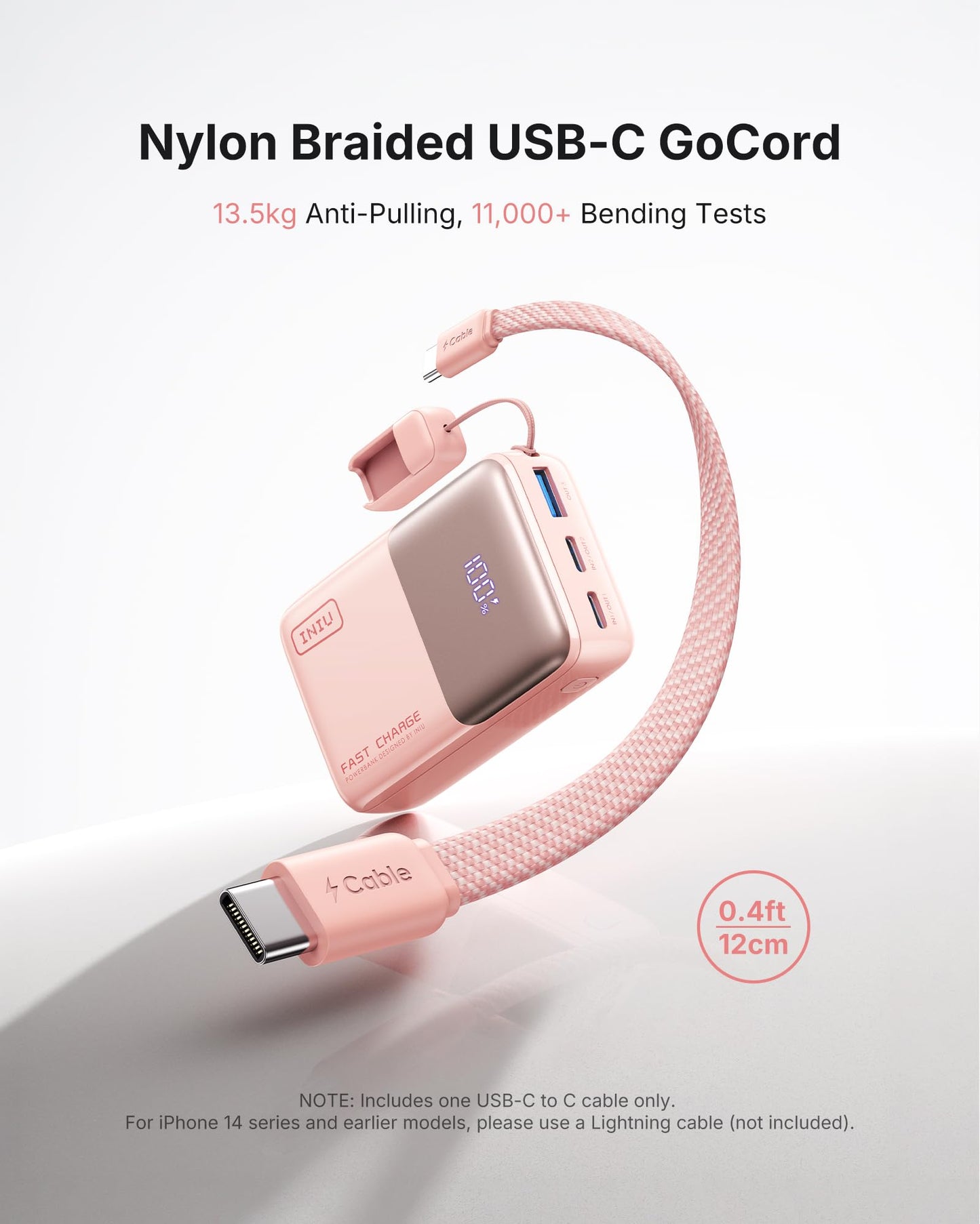 INIU Power Bank, Ultra Mini 10000mAh 45W Fast Charging Portable Charger, USB C Battery Pack with Cable, Flight-Safe Travel Powerbank for iPhone 17 16 15 14 13 12 Pro Max Air, Samsung S26 S25 S24, Pink