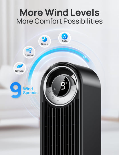 DREO Smart Tower Fan for Bedroom, Upgraded DC 9 Speeds 20dB Ultra-Quiet Floor Fan, 90° Oscillating Fans with 28ft/s Velocity, 12H Timer, Standing Fan, Bladeless Fan Powerful for Home Office Room - Available at All In One Marketplace Canada