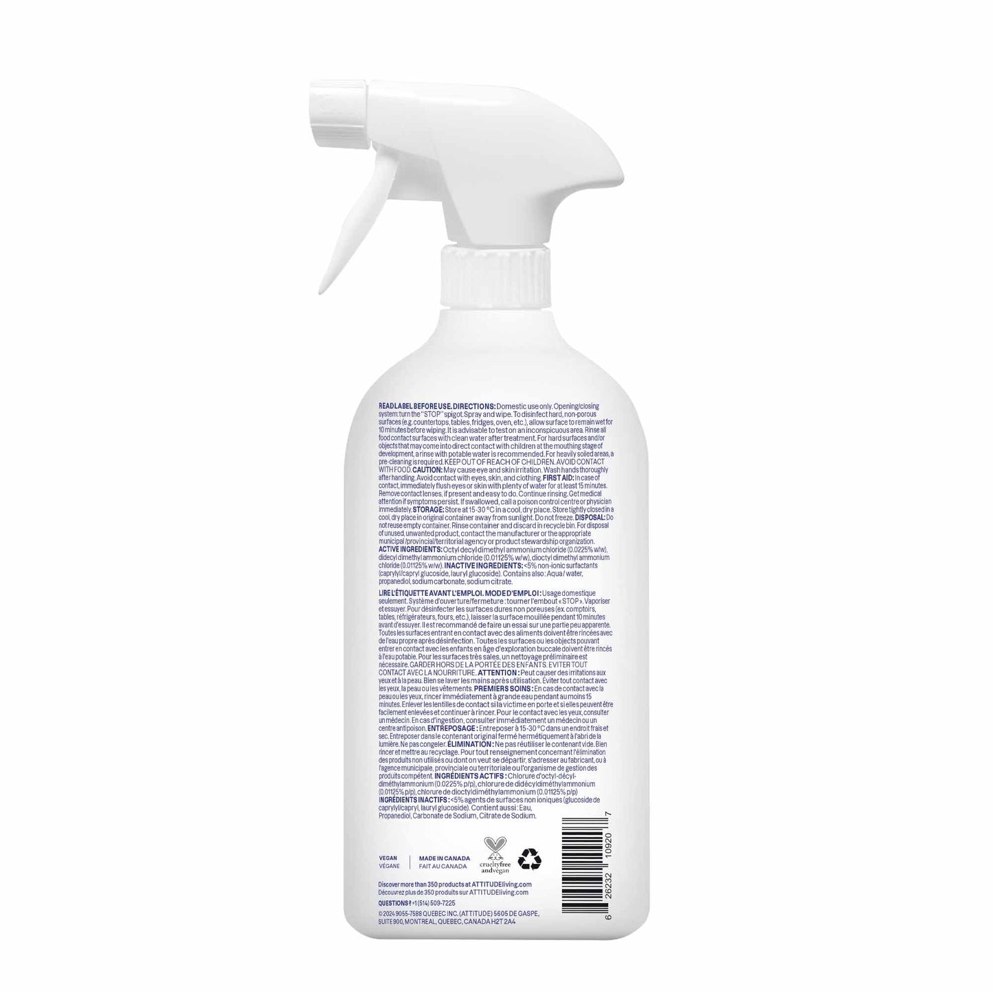 ATTITUDE Disinfectant Spray, All Purpose Cleaner with 99.99% Germ & Virus Elimination, Vegan & Plant-Based, Multi-Surface, Made in Canada, Unscented, 800 mL (Pack of 3) - Available at All In One Marketplace Canada