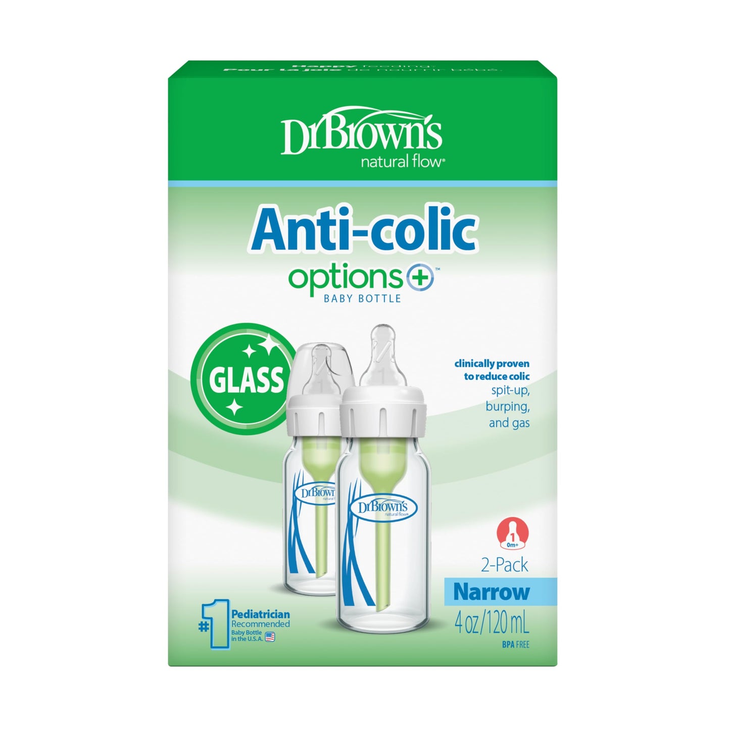 Dr. Brown’s Natural Flow Anti-Colic Options+ Narrow Glass Baby Bottles, 4oz, 2-Pack