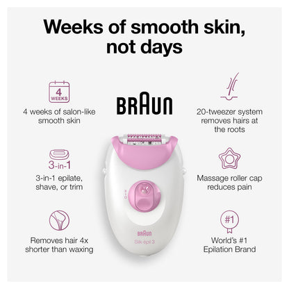 Braun Silk-épil 3 3-270, Epilator for Women for Long-Lasting Hair Removal, 20 Tweezer system, Smartlight Technology, Massage rollers, Shaver and Trimmer Head Included - Available at All In One Marketplace Canada