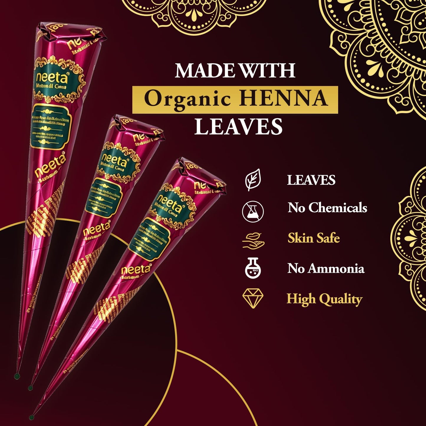 4 Pack Natural Mehendi Cone Henna Paste Temporary Tattoo Paste with 8pcs Tattoo Stencils| Each cone 25 grams | Indian Body Art Painting Drawing Tattoos Freckles (Reddish Brown Color)