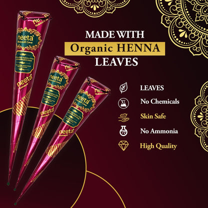 4 Pack Natural Mehendi Cone Henna Paste Temporary Tattoo Paste with 8pcs Tattoo Stencils| Each cone 25 grams | Indian Body Art Painting Drawing Tattoos Freckles (Reddish Brown Color)