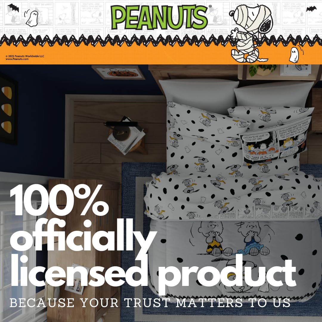 Parure de lit deux places Peanuts Halloween – Ensemble 5 pièces réversible, ultra doux et confortable, avec couette et draps à l'effigie de Snoopy et Charlie Brown (produit officiel Peanuts) par Franco