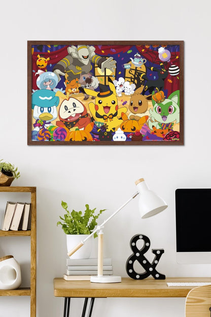 Pokémon : Fête d'Halloween - Affiche murale de groupe, 34 po L x 22,4 po l, version encadrée en acajou