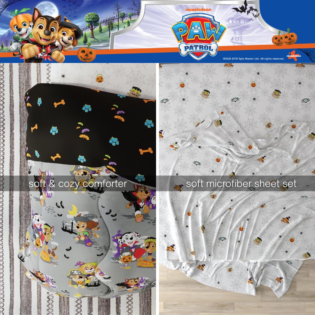 Parure de lit 5 pièces pour enfants Halloween Pat' Patrouille, ensemble de couette réversible et draps ultra-doux et confortables avec taie d'oreiller, lit simple, (produit sous licence officielle) par Franco