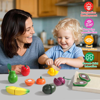 Wooden Play Food Set with Fruit Cutting, Montessori Toys for 2 Year Olds 🍁 All In One Marketplace Canada