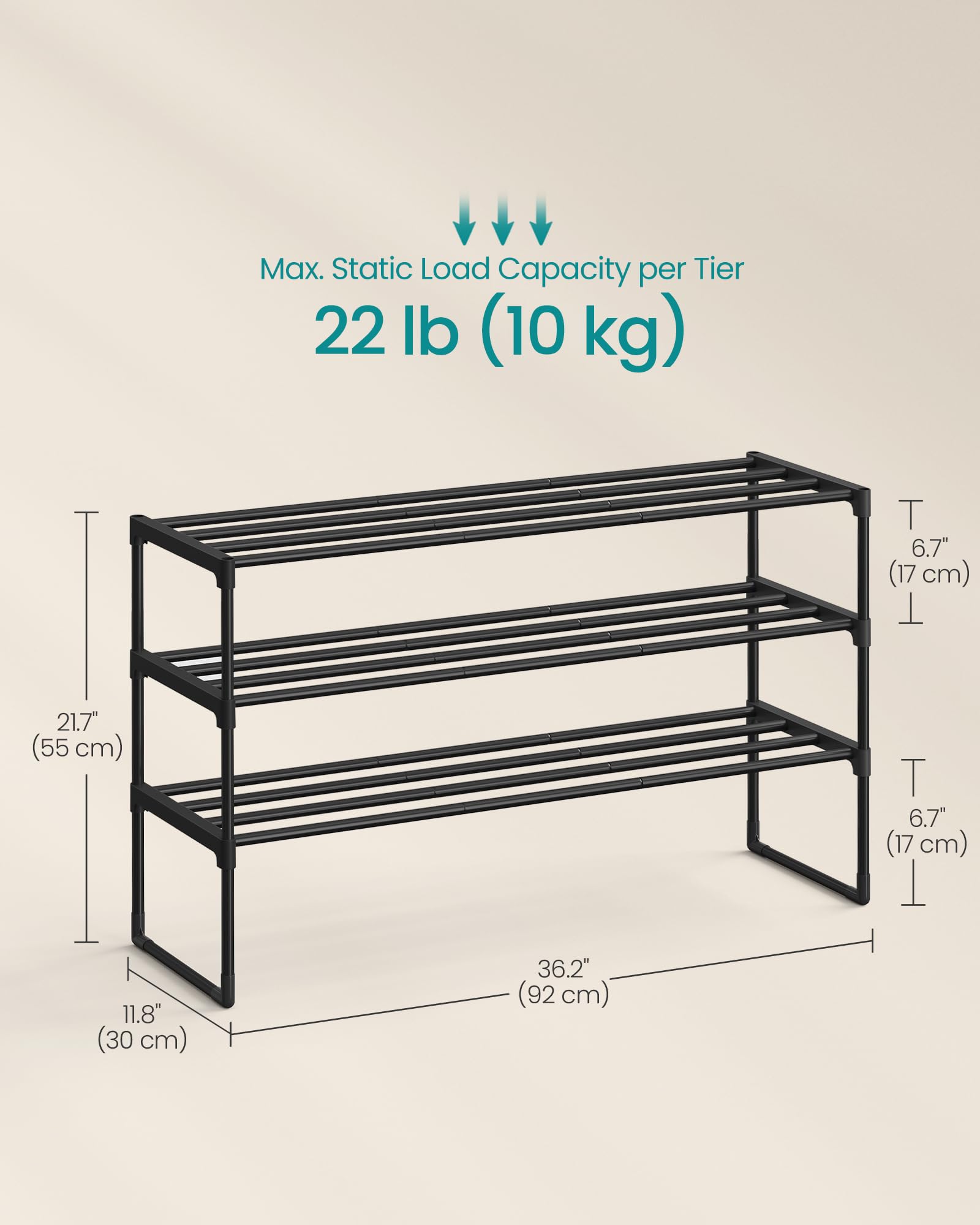SONGMICS Shoe Rack, 3-Tier Shoe Organizer, Sturdy Storage Shelf, Upright or Upside Down, for 16-20 Pairs, Stackable, for Entryway, 30 x 92 x 55 cm, Black ULSA303B02