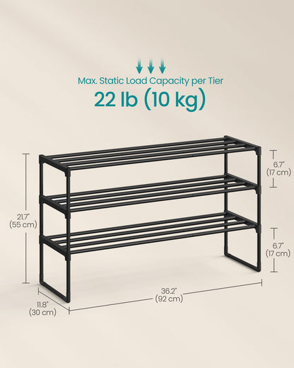 SONGMICS Shoe Rack, 3-Tier Shoe Organizer, Sturdy Storage Shelf, Upright or Upside Down, for 16-20 Pairs, Stackable, for Entryway, 30 x 92 x 55 cm, Black ULSA303B02