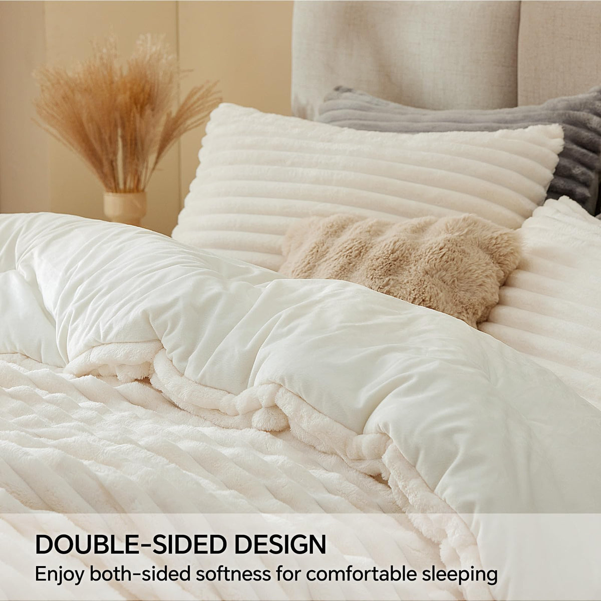 BEDELITE Fleece Queen Comforter Set, Soft Fluffy Bedding Set, White 🍁 All In One Marketplace Canada