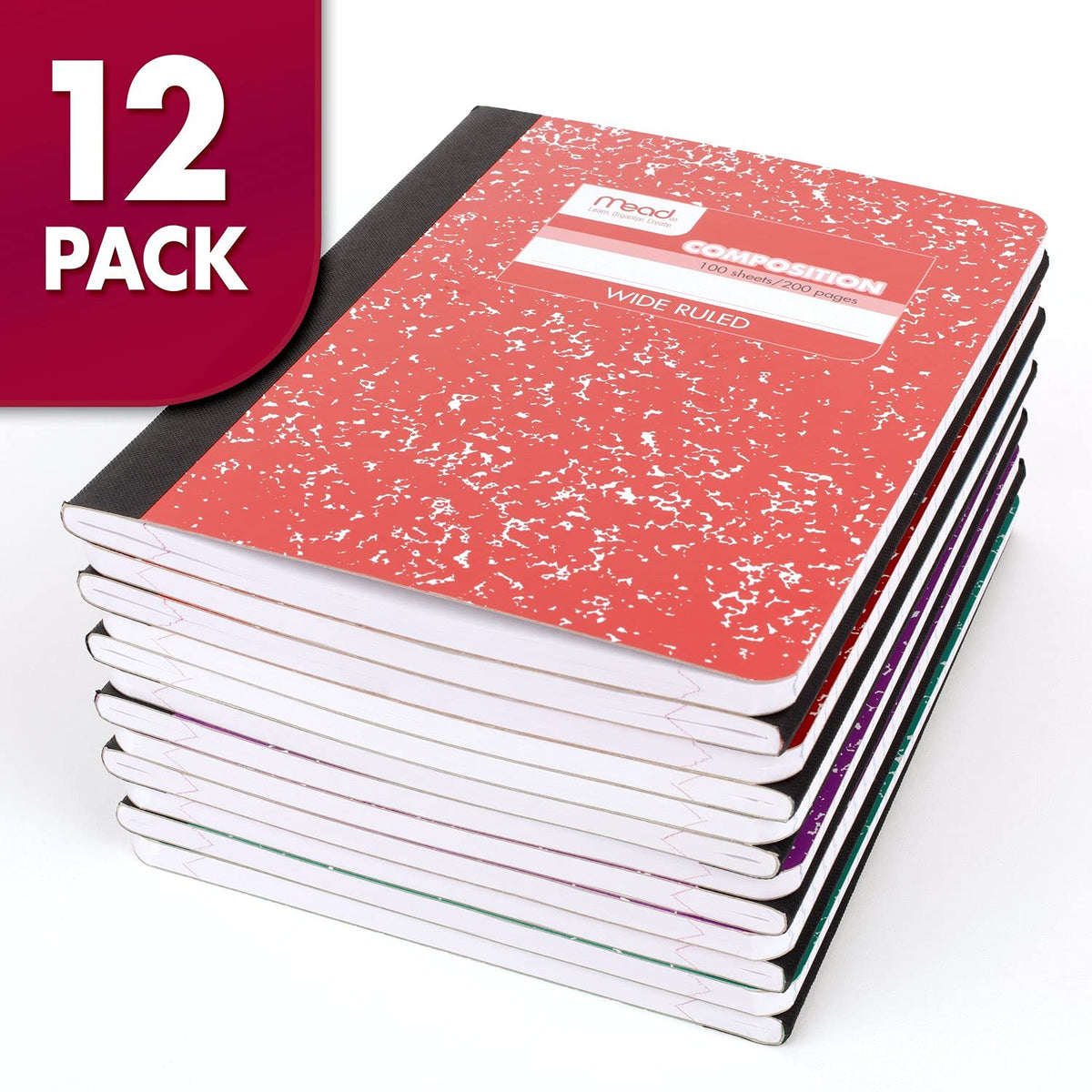 Mead Composition Book 12-Pack: 100 sheets, wide ruled, assorted colors (09918)