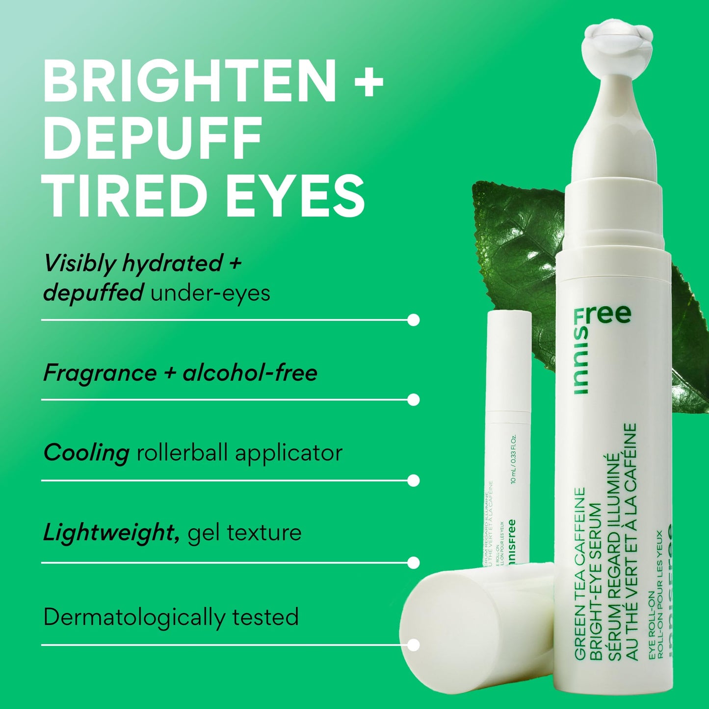 innisfree Green Tea Caffeine Depuffing Eye Serum with Niacinamide, Cooling Korean Eye Roll-On for Hydration and Brightening - Available at All In One Marketplace Canada