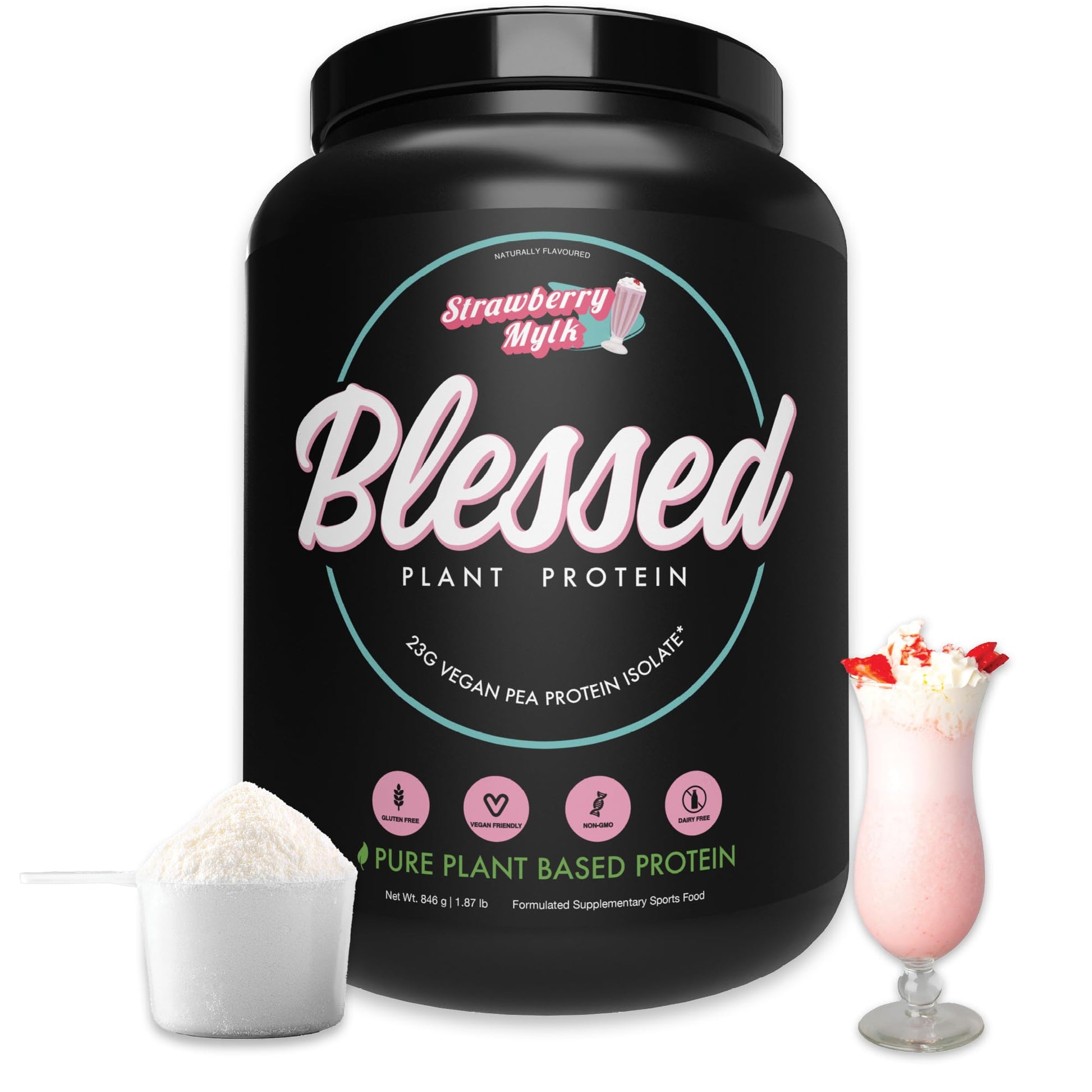 Blessed Plant-Based Protein Powder - Pea Protein Meal Replacement Shake, 23g Protein Per Serving, Vegan, Gluten-Free, Naturally Sweetened, 30 Servings (Strawberry Mylk)