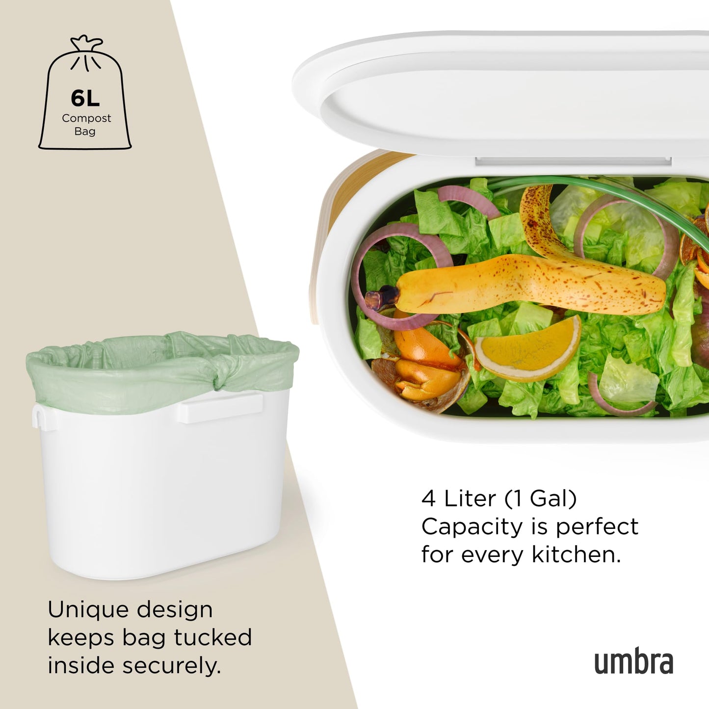 Umbra Bellwood Kitchen Compost Bin – White/Natural, Countertop or Cabinet Mounted, 4L Compost Container with Hidden Bag Retainer, BPA-Free & Dishwasher Safe| Bellwood Collection Umbra