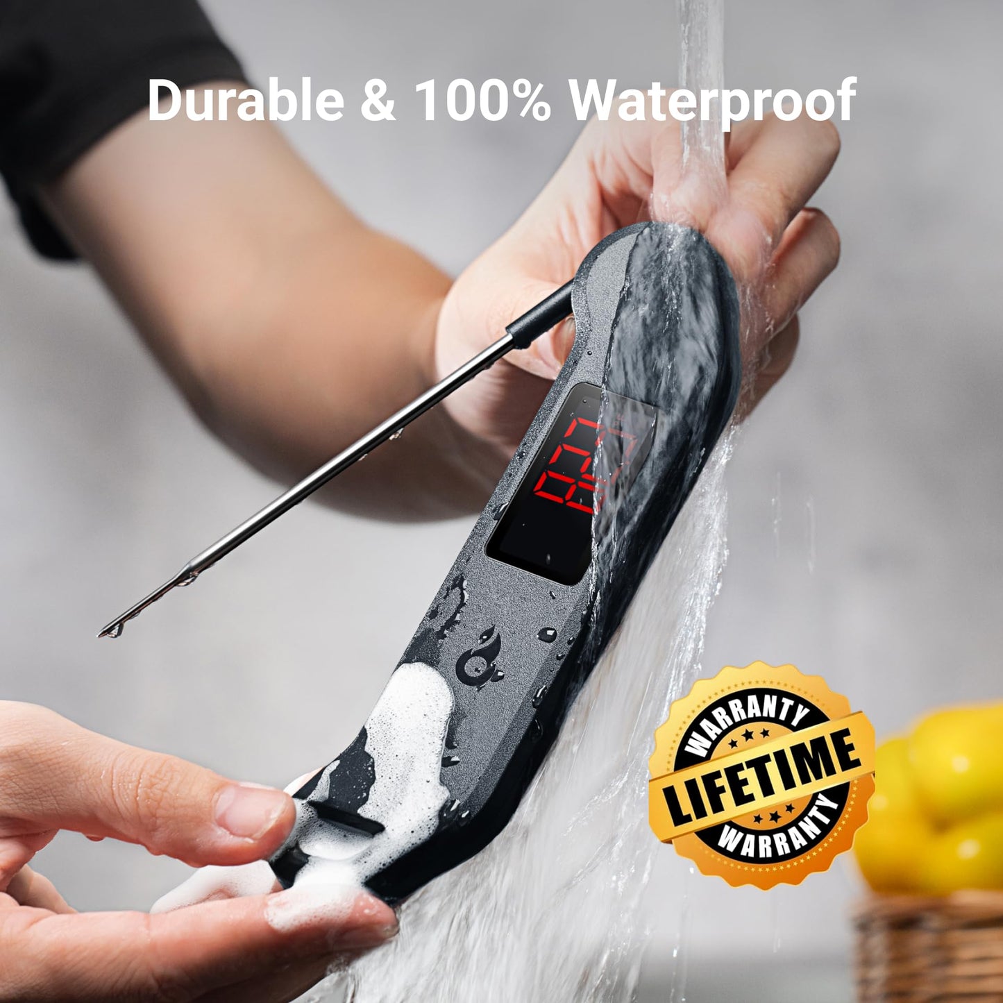 Professional Digital Meat Thermometer, 1 Sec Instant Read, ±0.5℉ Accuracy NIST&NSF Certified Food Thermometer, Auto-Rotate Bright LED Screen, Highly Waterproof Cooking Thermometer for Grill BBQ, Black ThermoMaven
