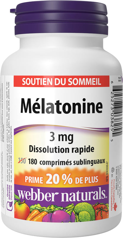 Webber Naturals Melatonin 3 mg, 180 Quick Dissolve Tablets, For Sleep Support