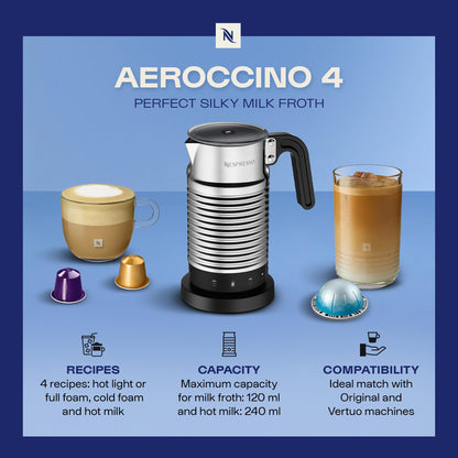 Nespresso Aeroccino 4 Milk Frother, Hot & Cold Foam, Silver
