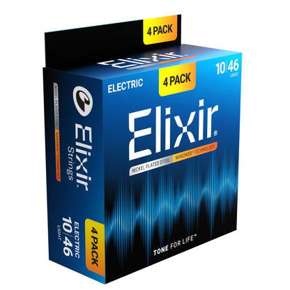 Elixir Strings, Electric Guitar Strings, Nickel Plated Steel with NANOWEB Technology, Longest-Lasting Bright Tone with Comfortable Feel, 4 Pack, Light 10-46 Elixir