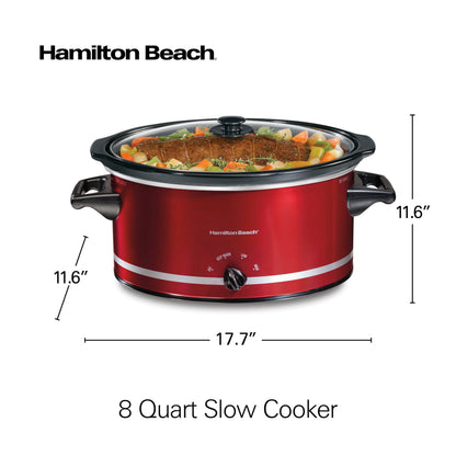 Hamilton Beach Slow Cooker, 8 Quart (7.6 L), Extra-Large Capacity, Metallic Red, Manual Controls, Keep Warm, Dishwasher Safe Stoneware Crock, Model 33184