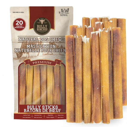 Bully Bunches Premium (6" Standard - 20 Pack) Odour-Free, Consistently Sized Bully Sticks for Medium Dogs - Long Lasting Oral Care Chews - All Natural Fully Digestible Beef Treat, No Rawhide