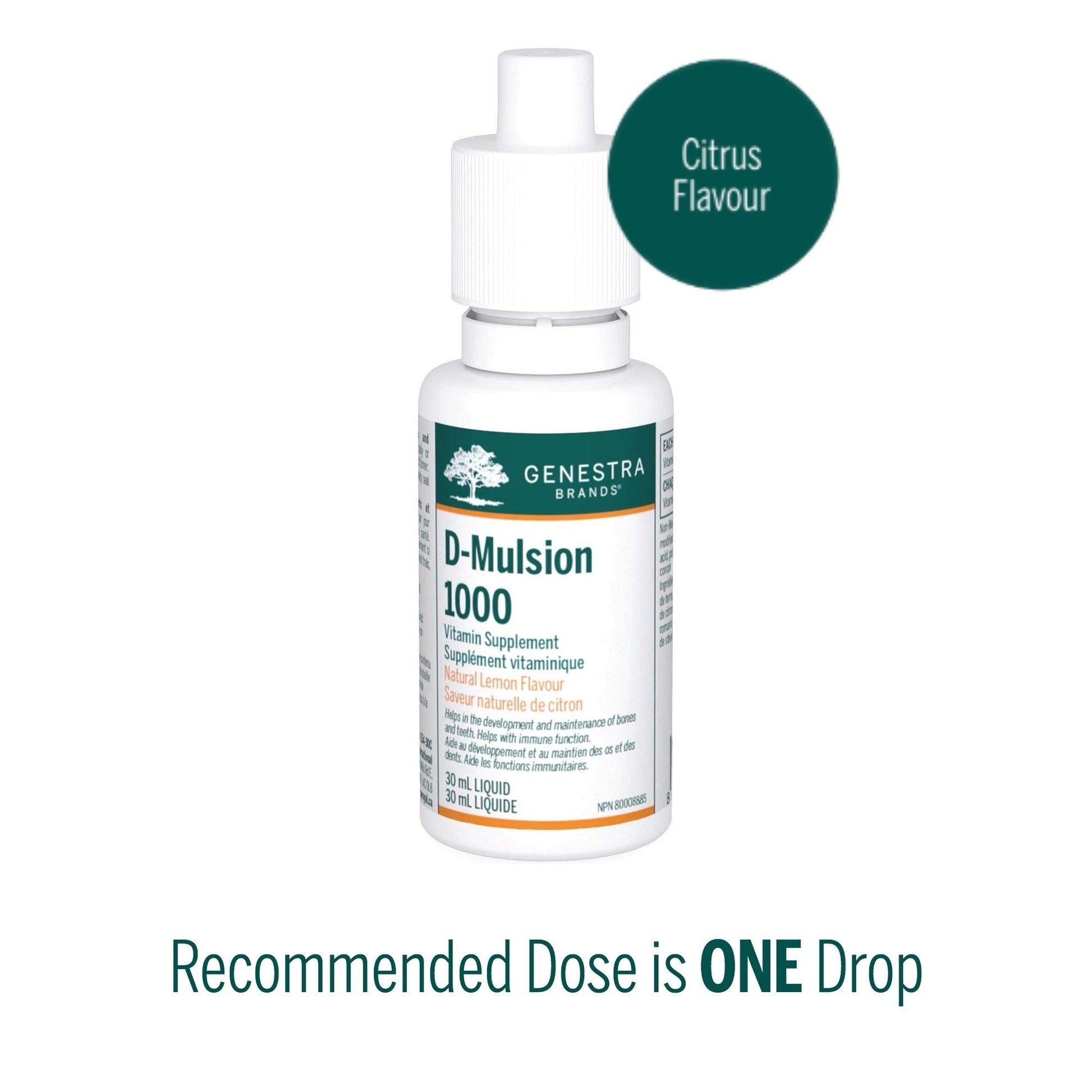 Genestra Brands D-Mulsion 1000 IU - Liquid Vitamin D3 - For Healthy Bones & Teeth - Immune Function Support - Non-GMO, Gluten Free & Dairy Free - 30 mL - Natural Lemon Flavour - Available at All In One Marketplace Canada
