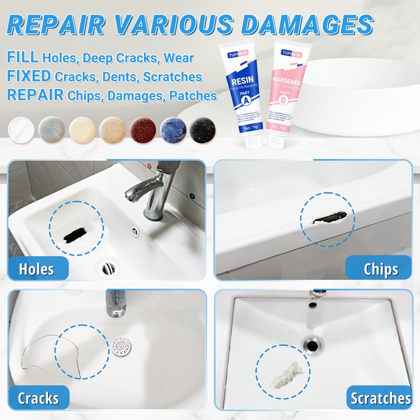 Bathtub Repair Kit 140g (Color Match), TUFINEIN Porcelain Repair Kit for Fiberglass, Enamel, Ceramic, Acrylic Repair and Fix Chips, Cracks, Scratches, Holes on Tub/Tile/Sink/Shower Tray/Shower - Available at All In One Marketplace Canada