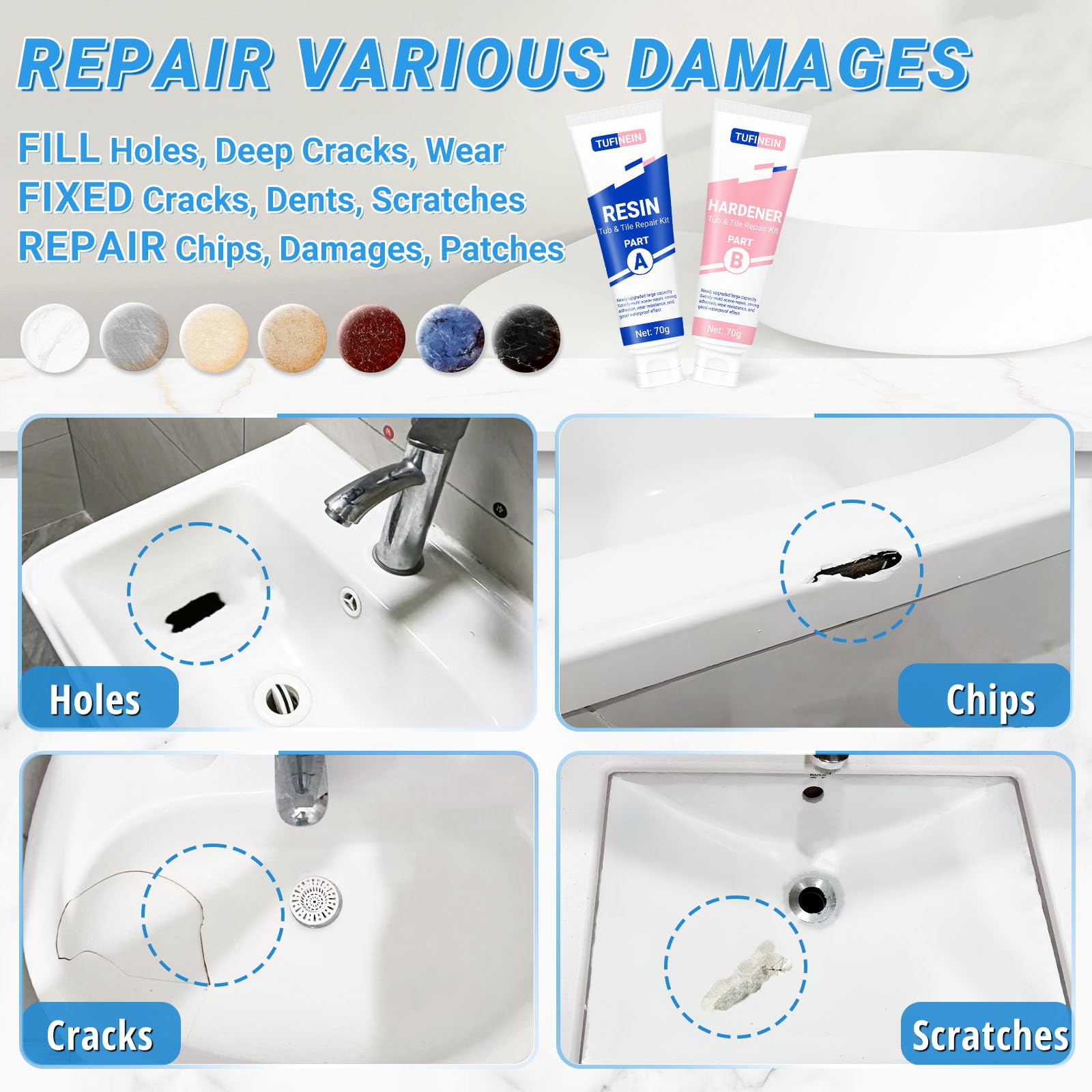 Bathtub Repair Kit 140g (Color Match), TUFINEIN Porcelain Repair Kit for Fiberglass, Enamel, Ceramic, Acrylic Repair and Fix Chips, Cracks, Scratches, Holes on Tub/Tile/Sink/Shower Tray/Shower - Available at All In One Marketplace Canada