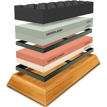 Knife Sharpening Stone Set – 400/1000 and 3000/8000-Grit Professional, Safe Knife Sharpener Set – Whetstone Set Includes Flattening Stone, Bamboo Base, and 2 Nonslip Rubber Bases - Available at All In One Marketplace Canada