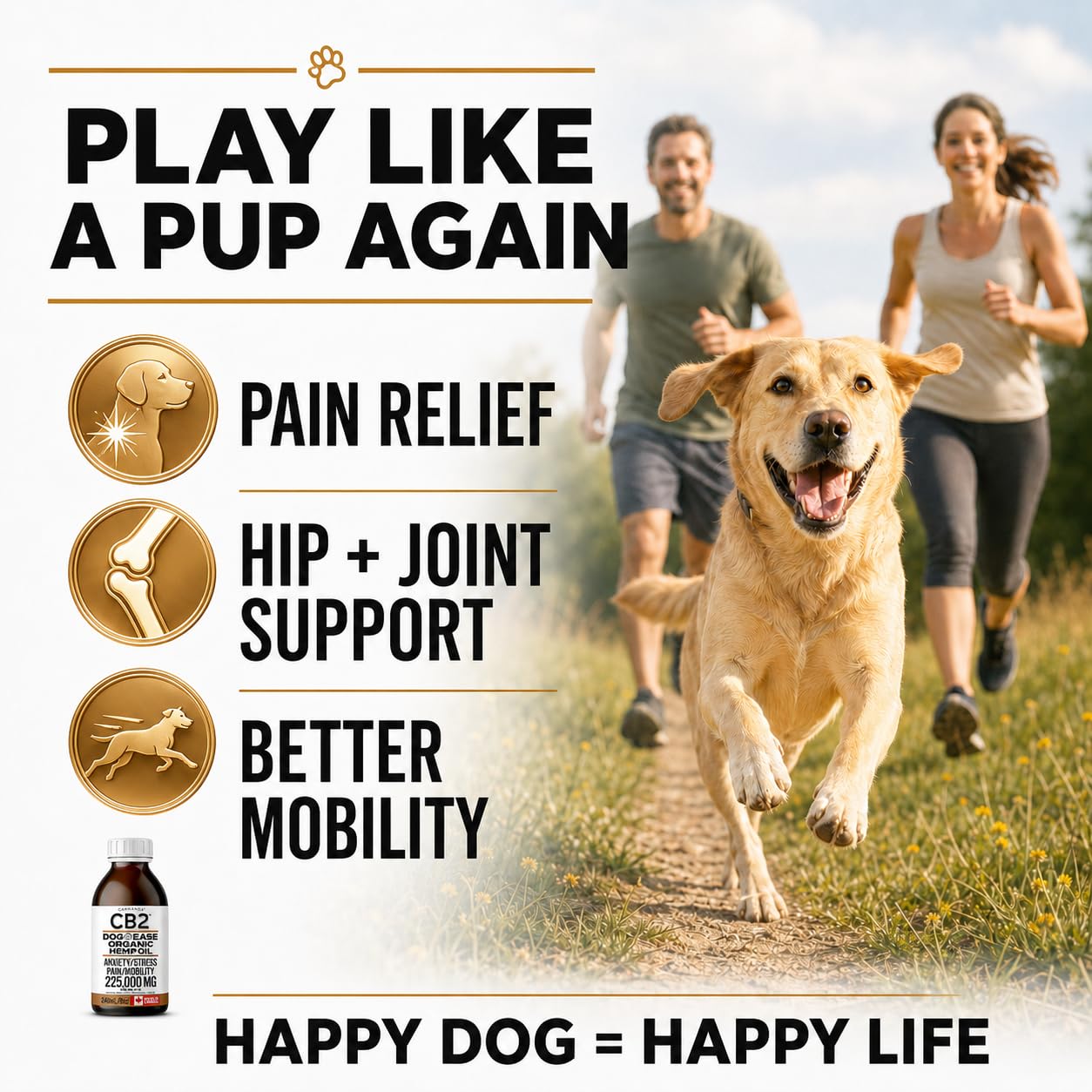 CB2 Hemp Oil for Dogs [225,000mg / 240mL / Organic] - Natural Hip and Joint Supplement for Dogs - Calming Anxiety Relief - Extra Strength for Pain, Inflammation, Arthritis, Stress, Aggression