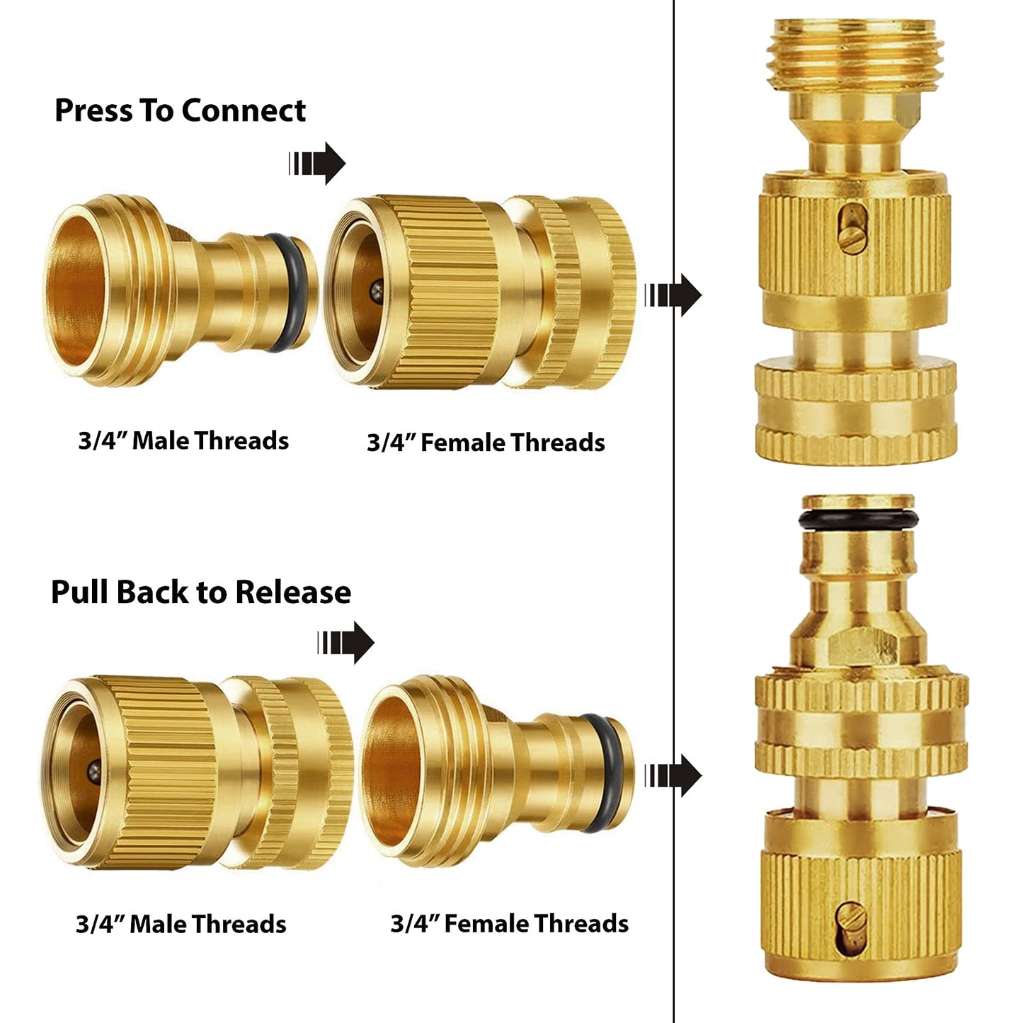 Garden Hose Quick Connectors, Solid Brass 3/4 inch GHT Thread Easy Connect Fittings No-Leak Water Hose Male Female Value Pack (5 Set) with 10pcs Extra Rubber - Available at All In One Marketplace Canada