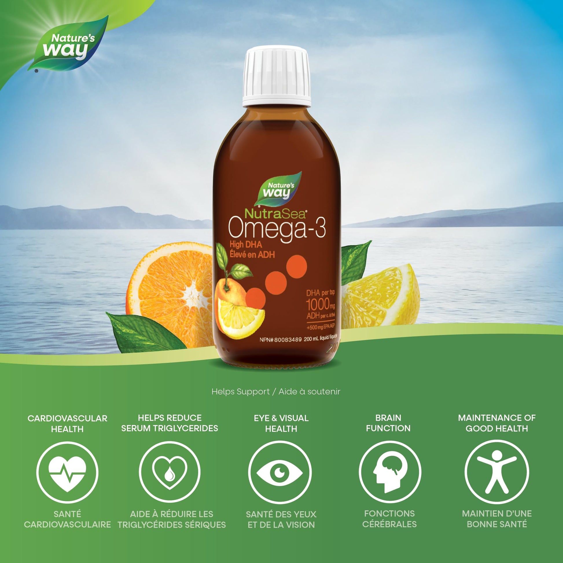 Nature's Way NutraSea High DHA Omega 3 Fish Oil Liquid Supplement for Adults and Kids Ages 14+ – Juicy Citrus Flavour, Non-GMO – Brain & Cognitive Support – 1500mg EPA & DHA, 200 mL Nature's Way