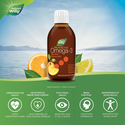 Nature's Way NutraSea High DHA Omega 3 Fish Oil Liquid Supplement for Adults and Kids Ages 14+ – Juicy Citrus Flavour, Non-GMO – Brain & Cognitive Support – 1500mg EPA & DHA, 200 mL Nature's Way
