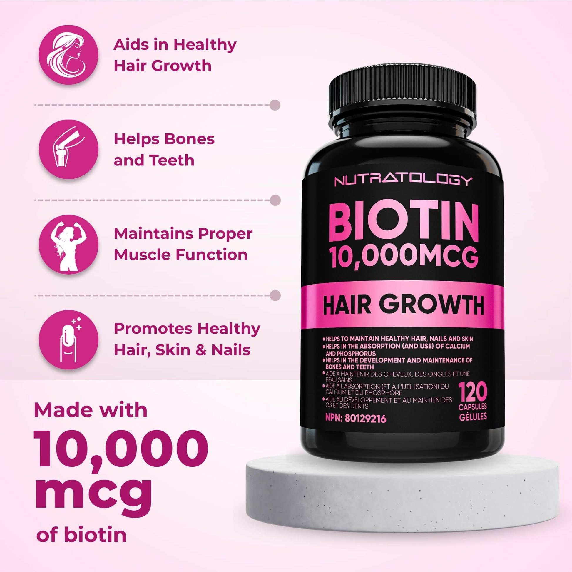 Biotin 10000MCG Hair Vitamins For Hair Growth Women | Canadian-Made | Promotes Healthy Skin & Nail Growth - Supports Muscle Function - Biotin Supplement - Hair Growth Products for Women - 120 capsules - Available at All In One Marketplace Canada