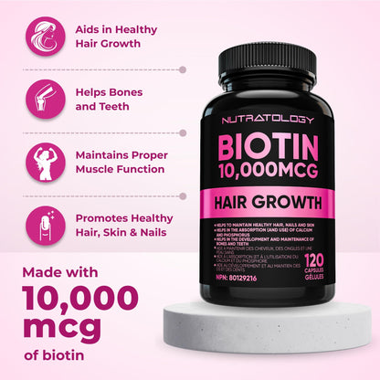 Biotin 10000MCG Hair Vitamins For Hair Growth Women | Canadian-Made | Promotes Healthy Skin & Nail Growth - Supports Muscle Function - Biotin Supplement - Hair Growth Products for Women - 120 capsules - Available at All In One Marketplace Canada