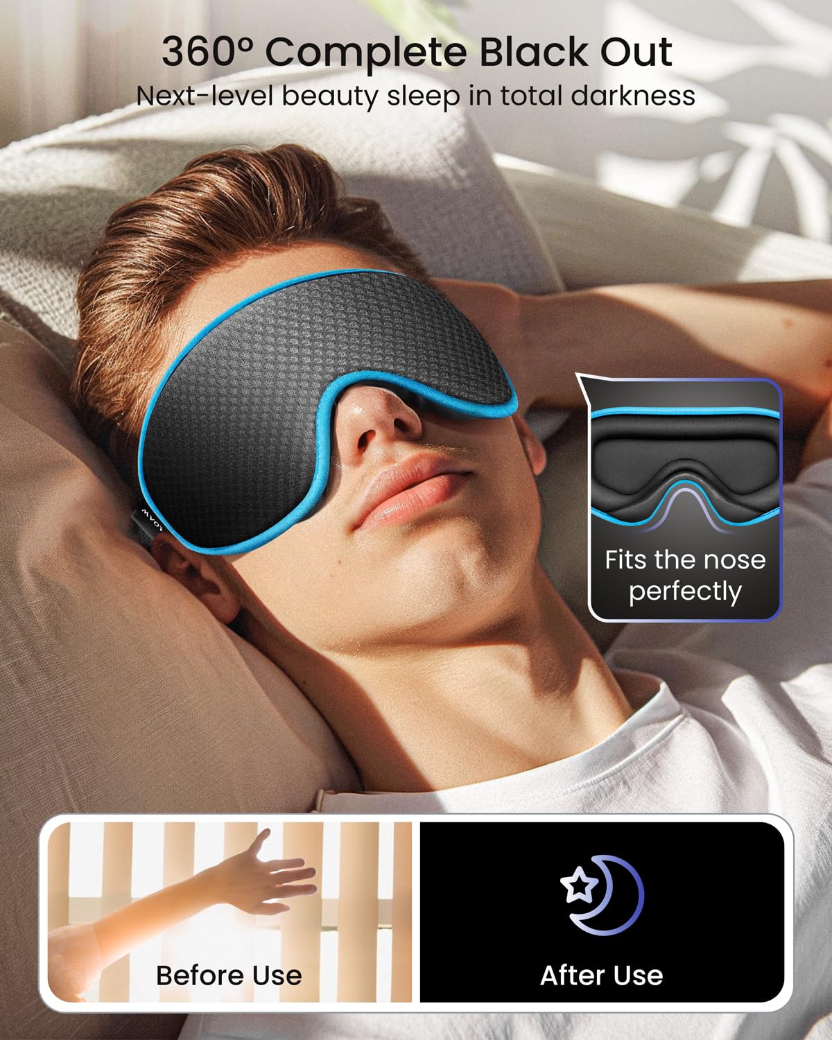 WAOAW Sleep Mask Blackout, Eye Mask for Sleeping - 3D Breathable Soft Comfortable， Adjustable Light Blocking Night Sleeping Mask（Blue）