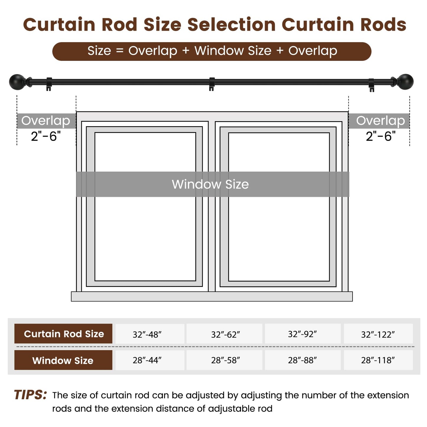 Curtain rods for Windows 48 to 84 Inch, 5/8 Inch Small Matte Black Curtain Rod Adjustable with Brackets Pole Rideau for Bedroom, Bathroom, Living room, Kitchen, Patio, Outdoor, cafe