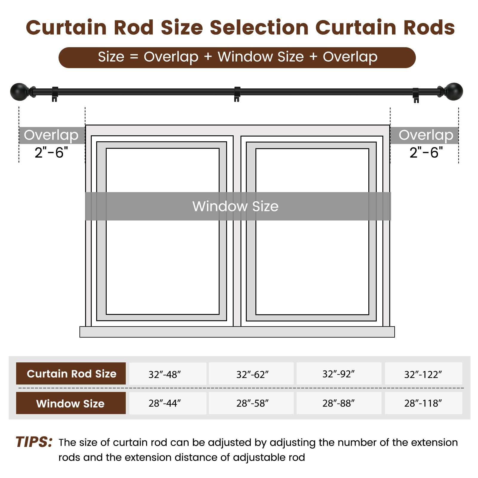 Curtain rods for Windows 48 to 84 Inch, 5/8 Inch Small Matte Black Curtain Rod Adjustable with Brackets Pole Rideau for Bedroom, Bathroom, Living room, Kitchen, Patio, Outdoor, cafe