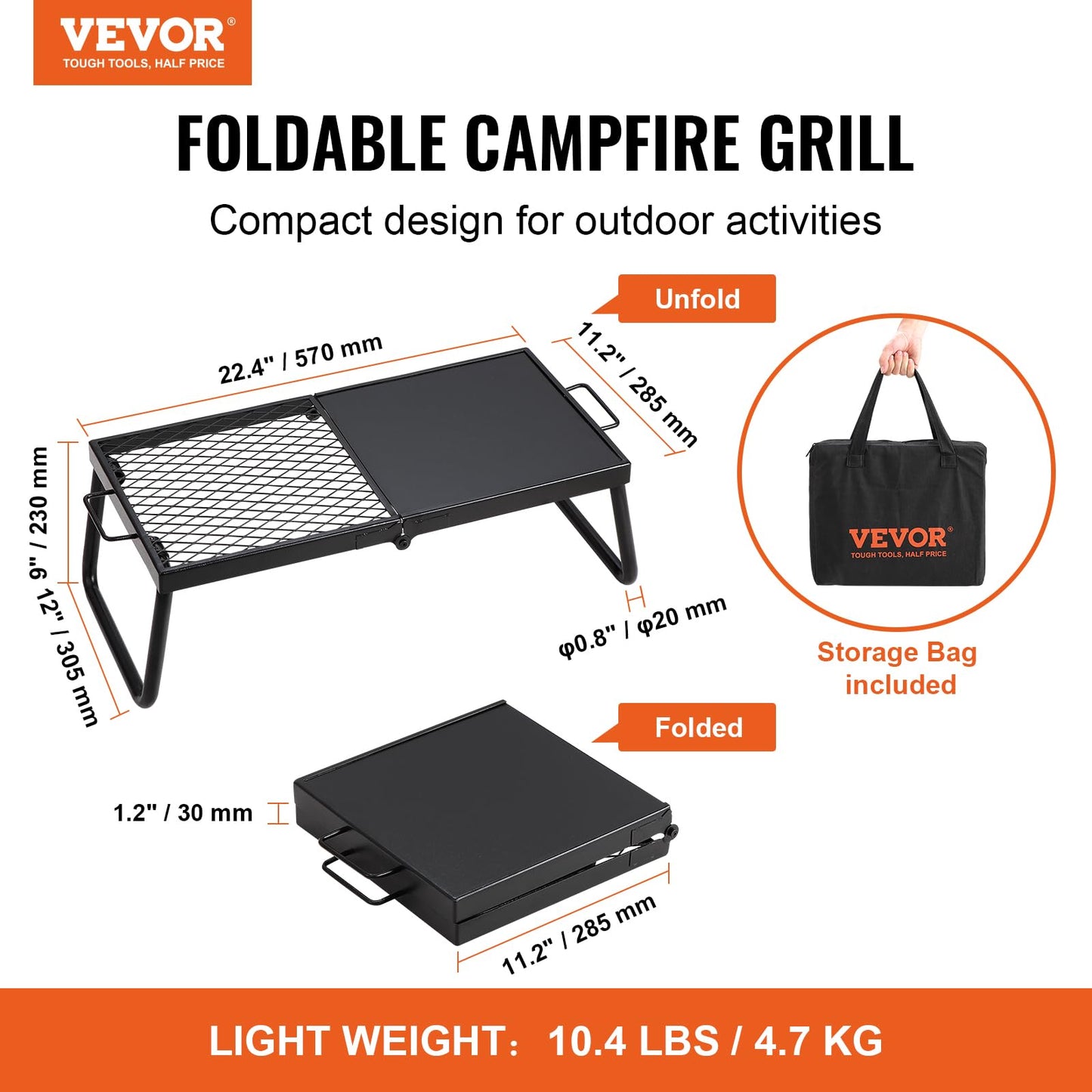 VEVOR Folding Campfire Grill, Heavy Duty Steel Mesh Grate, 22.4" Portable Camping Grates Over Fire Pit, Camp Fire Cooking Equipment with Legs Carrying Bag, Grilling Rack for Outdoor Open Flame Cooking VEVOR