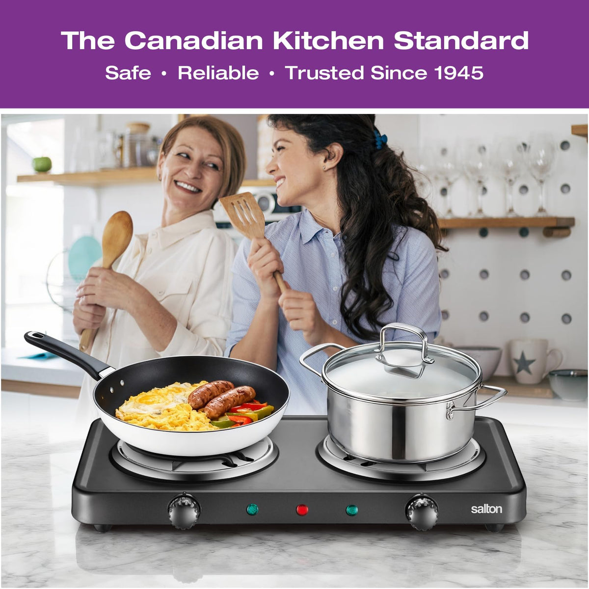 Salton Portable Electric Hot Plate Double Burner 1800W | Dual Coil Countertop Stove with Adjustable Temp Control | 900W Each Burner | Compact Portable Stove for Dorms RVs Camping and Home Use (HP1941)