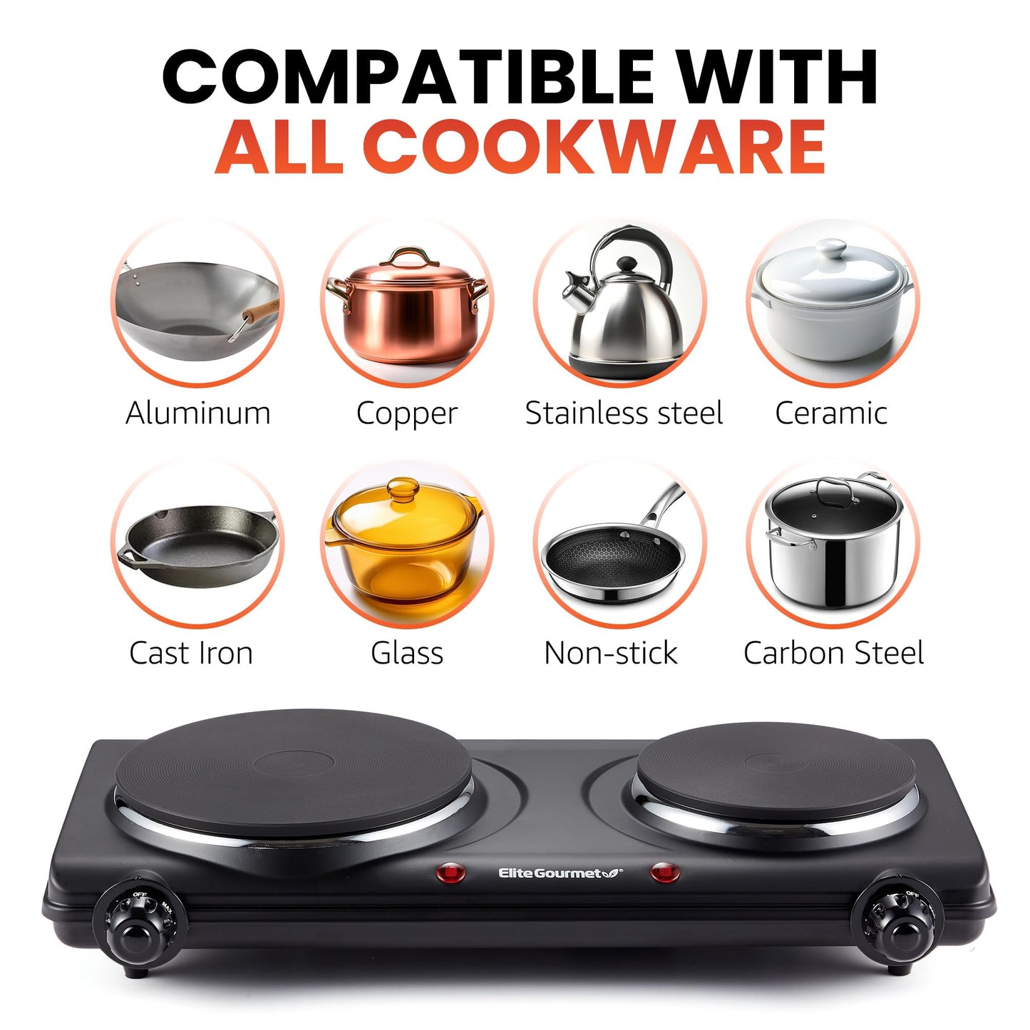 Elite Gourmet EDB-302BF# Countertop Double Cast Iron Burner, 1500 Watts Electric Hot Plate, Temperature Controls, Power Indicator Lights, Easy to Clean, Black - Available at All In One Marketplace Canada