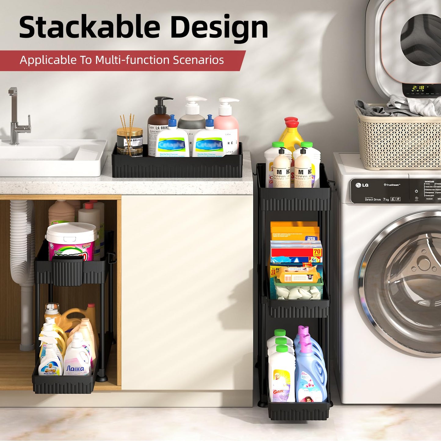 Sevenblue 4 Pack Under Sink Organizer and Storage,Bathroom Organizers, Multi-Use Under Sink Organizer for Bathroom and Kitchen with Sliding Drawer, Hang Hooks and Cup (Black, L)