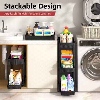 Sevenblue 4 Pack Under Sink Organizer and Storage,Bathroom Organizers, Multi-Use Under Sink Organizer for Bathroom and Kitchen with Sliding Drawer, Hang Hooks and Cup (Black, L)