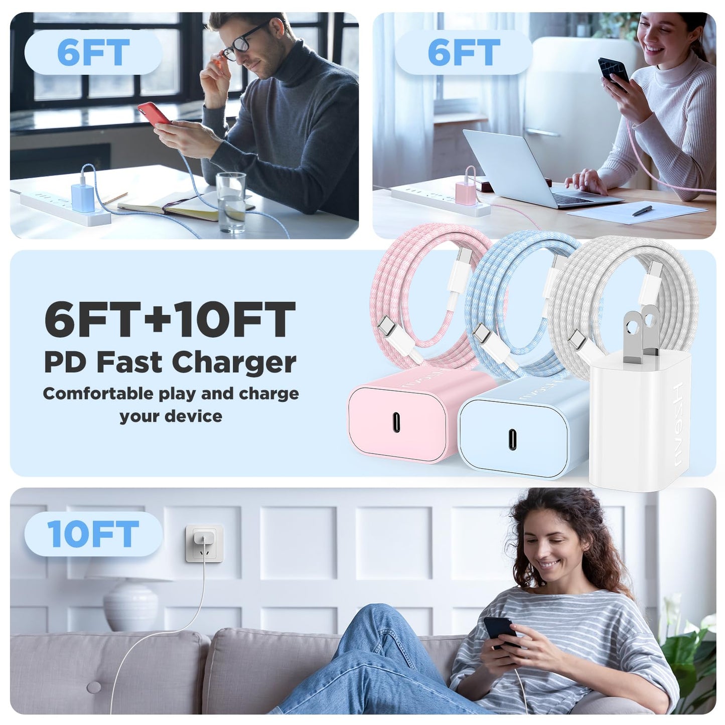 Hzevn for iPhone 16 Chargers Fast Charging,3 Pack 20W USB C Charger Block with 6.6/6.6/10ft Long USB C to USB C Cable for iPhone 17/16/15 Pro Max/15 Pro/15 Plus