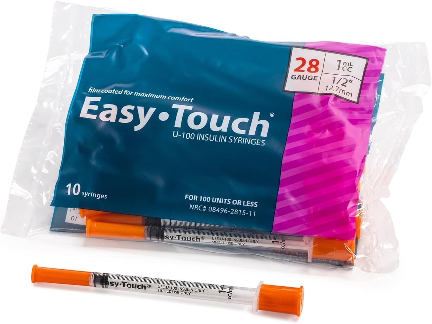 Easy Touch 28 Gauge U-100 Insulin Syringes (28G 1cc 1/2”) with 1/2” Long Needle, 1cc (100 Unit Capacity), Bold Markings for Accurate Dosing, Disposable, Box of 100 - Available at All In One Marketplace Canada
